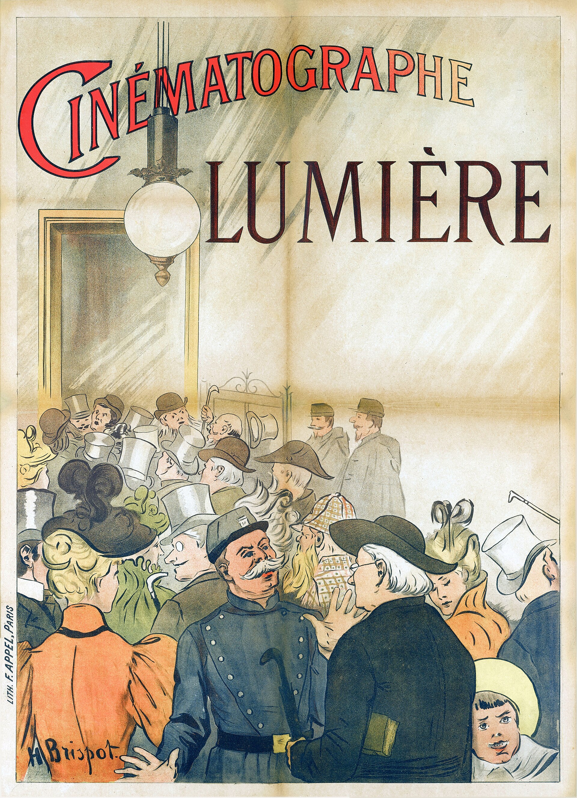 1895 Advertisement for the Cinematograph Lumiere showing a crowded projection hall.