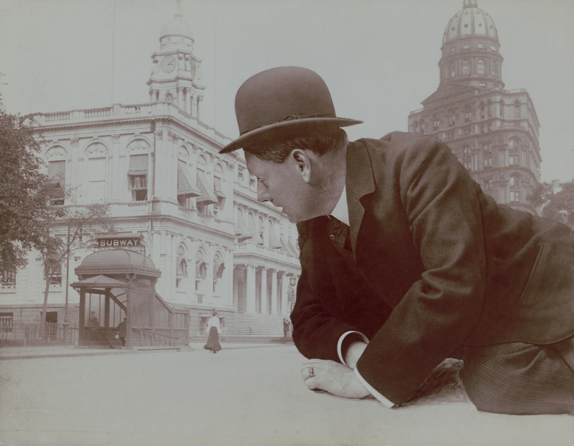 Surreal historical depiction of a giant man looming over a subway station