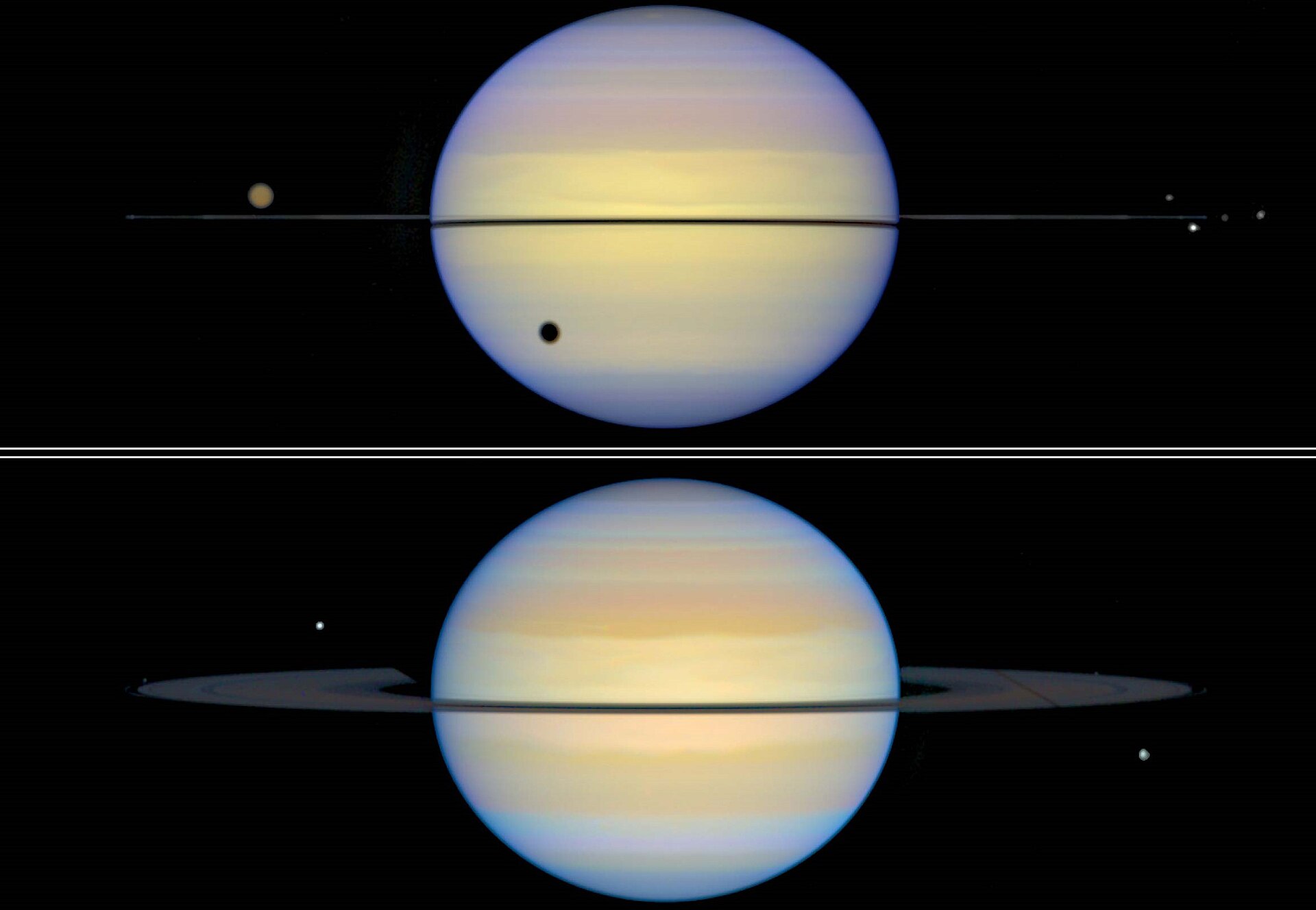 Saturn viewed with its rings nearly edge-on against the darkness of space